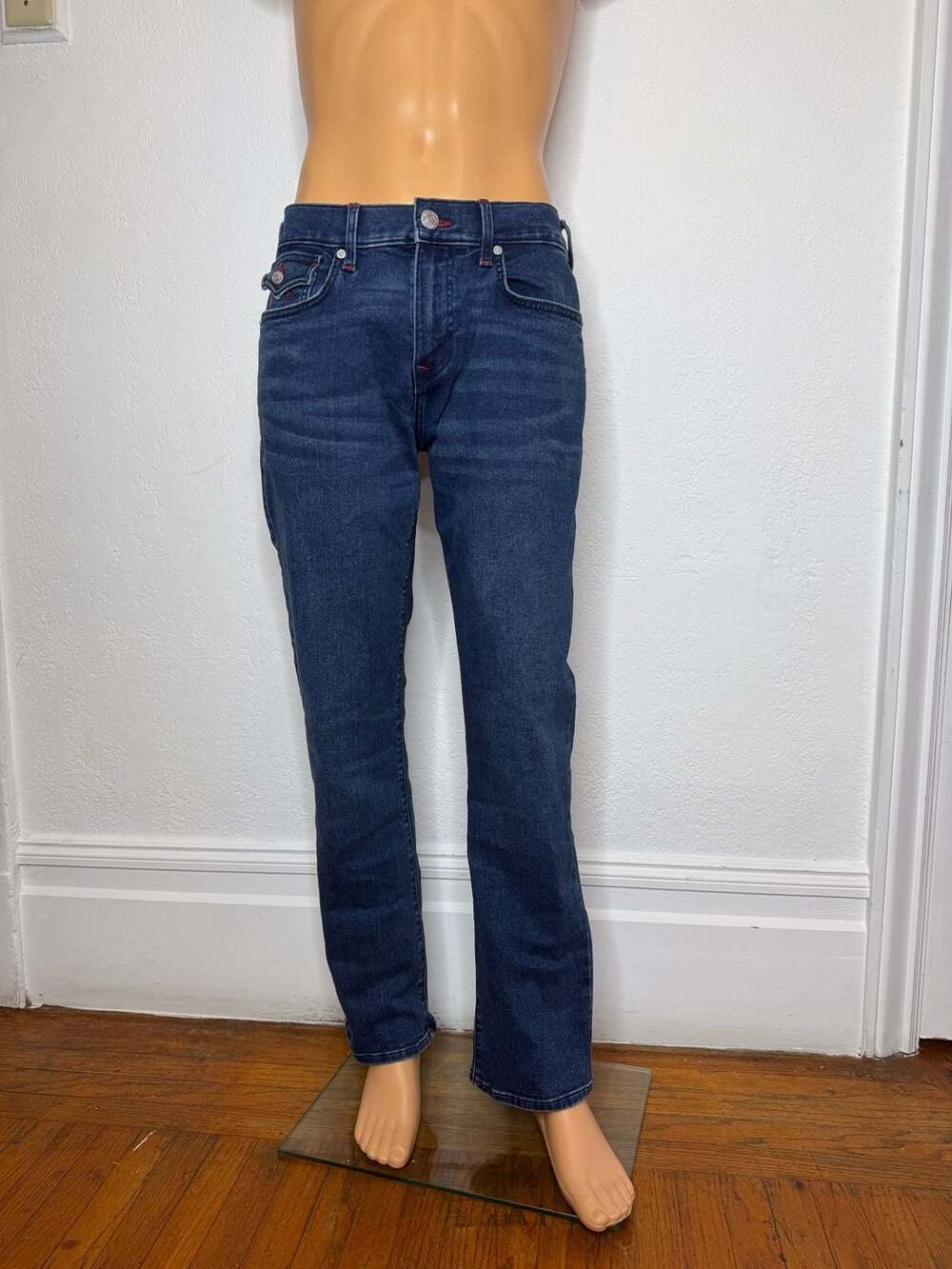 True Religion Ricky Relaxed Straight Jeans Dark Shivering Wash Red Size 32